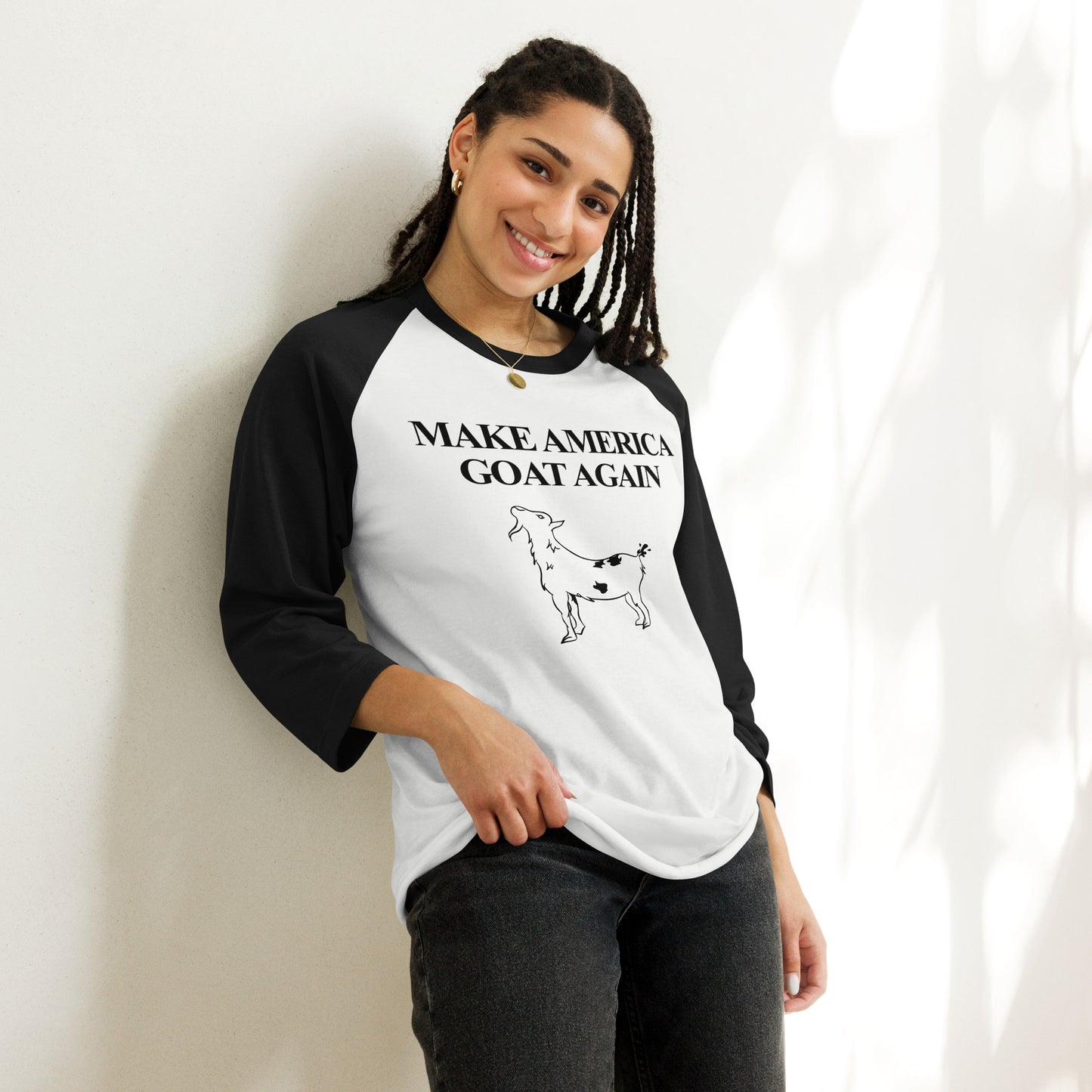 MAKE AMERICA GOAT AGAIN (featuring Patches the Goat) 3/4 sleeve raglan shirt