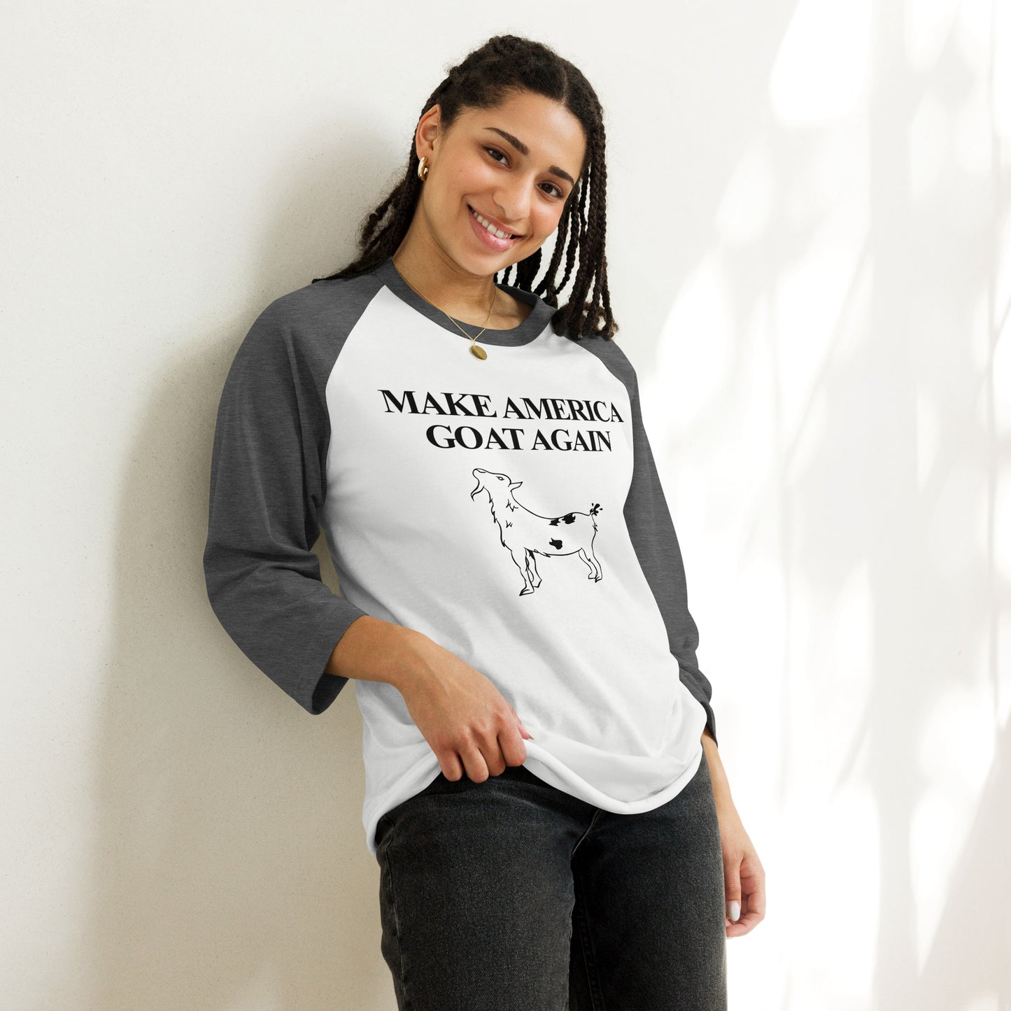 MAKE AMERICA GOAT AGAIN (featuring Patches the Goat) 3/4 sleeve raglan shirt